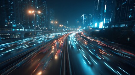 Obraz premium Busy City Highway with Light Trails and Glowing Skyscraper Skyline