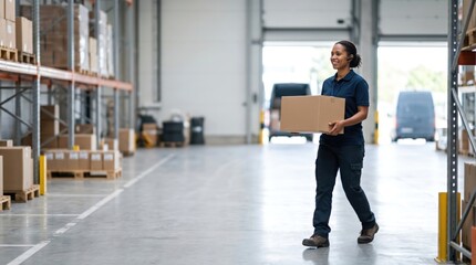Fototapeta premium Young Black female warehouse worker carrying cardboard box in distribution center, professional logistics employee walking in industrial storage facility, supply chain concept