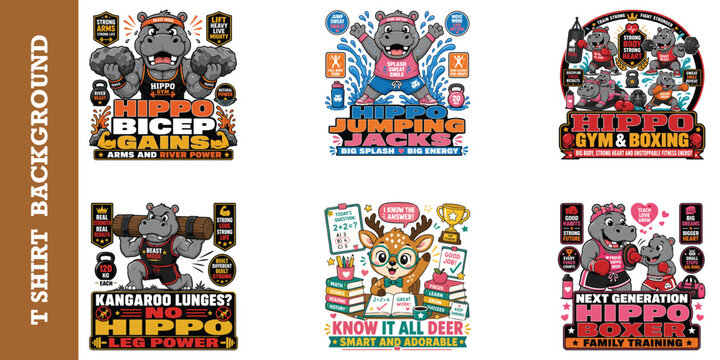 Hippo gym bicep gains arms and river power cartoon illustration.