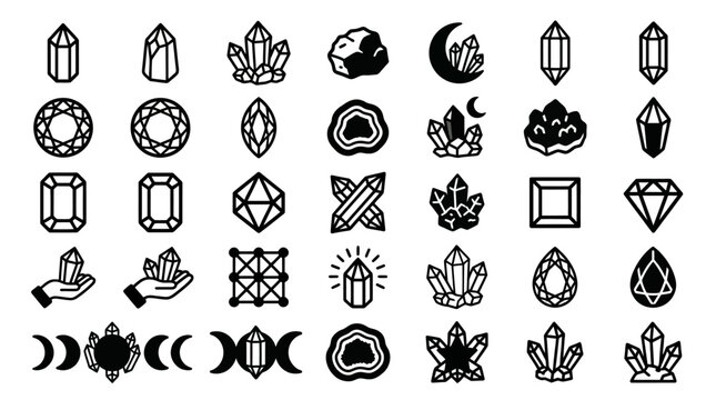 Black and white crystal symbols icons.