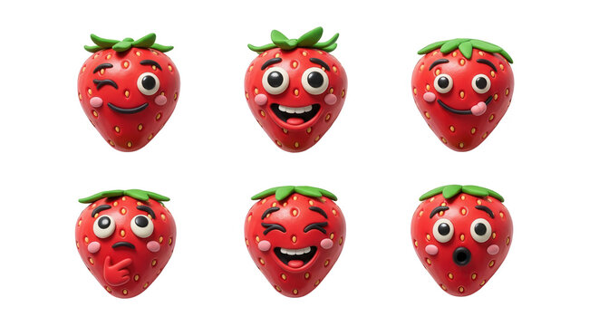 playful clay strawberries with various facial expressions arranged on a pure white background for whimsical design and fun