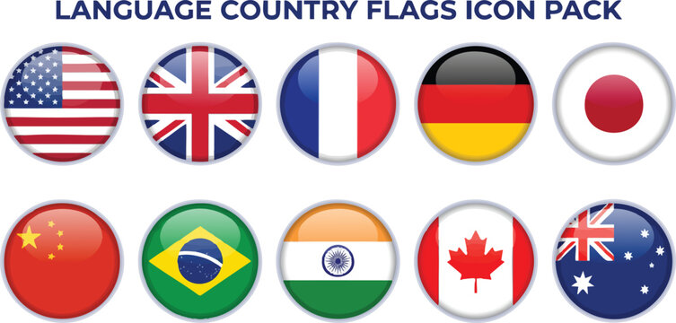 Circular glossy world flags icon pack for international languages