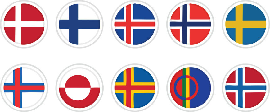 A set of round icons featuring Nordic and Scandinavian flags