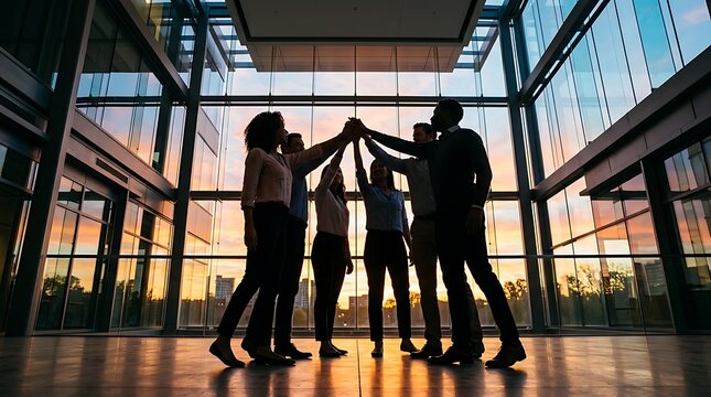 Business team joining hands in unity during sunset in modern office