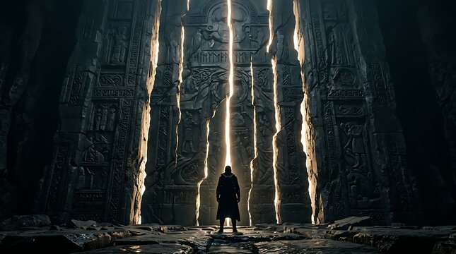 Explorer standing before a massive glowing ancient stone monolith