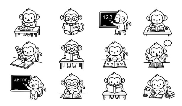 Cute Baby Monkey Writing Clipart Bundle, 12 Black and White Vector Illustrations of Smart Monkeys Studying, Isolated Minimalist Education Line Art Elements Set for Kids Design