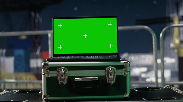 Green screen, tracking fuel shortages and mockup laptop in drilling barge during oil crisis while monitoring petrol extraction rates, chroma key isolated screen notebook and offshore platform.