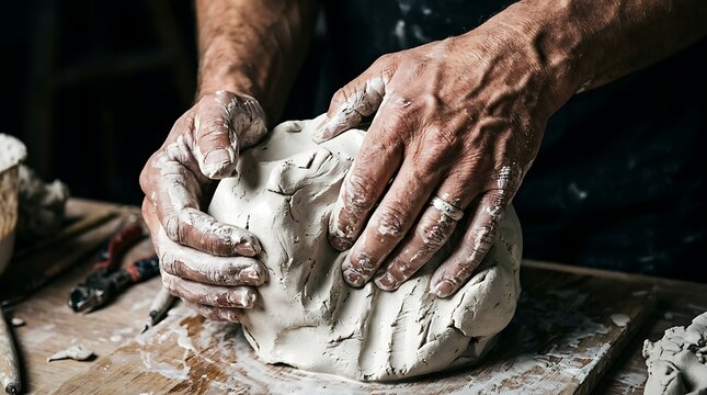 Potter hands kneading raw white clay in a workshop