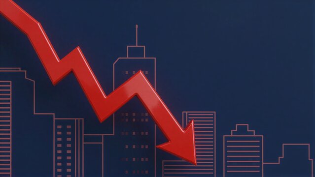 Red arrow drops sharply over city skyline, symbolizing economic decline.