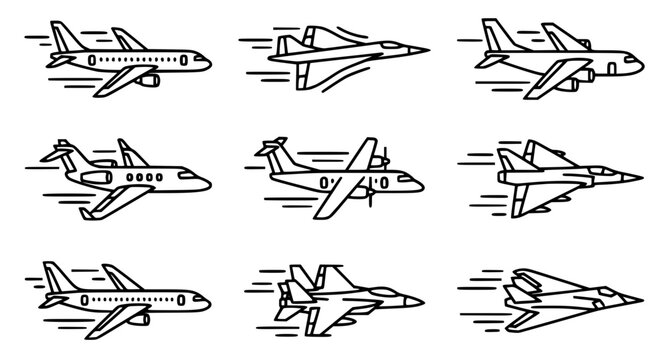 Flying airplane line icons vector set with motion speed lines for air travel apps