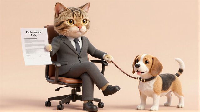 Cat in suit holds pet insurance policy, walking with a cheerful beagle puppy.