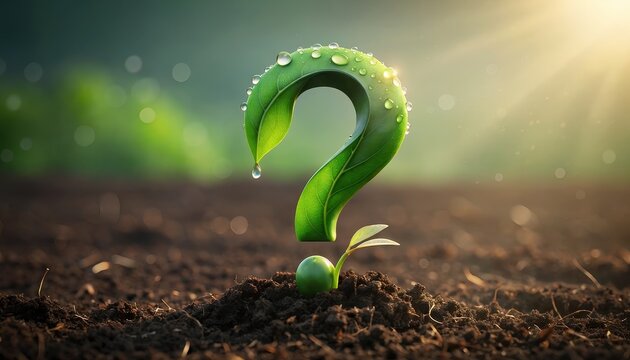 Question Mark concept. Green leaf shaped like a question mark emerging from soil with sunlight shining.
