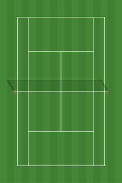 Tennis Court Layout Vector Illustration. Striped Grass Grand Slam Tennis Court with Net Shadow and White Line Markings. 