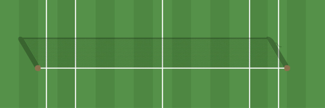Tennis Court Vector Illustration with Striped Grass, Net Shadow and White Line Markings. Lawn Tennis Court Background for Tennis Web Banner, Poster, Advertising.
