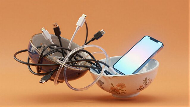 Tangled phone cables and a smartphone in mismatched bowls against an orange backdrop.