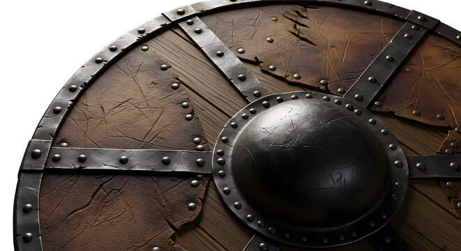Medieval wooden shield with iron boss and straps isolated on transparent background