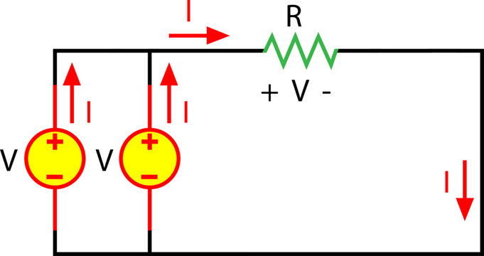 Electrical Circuit Schematic With Parallel Voltage Sources, Resistor and Current Arrows Diagram