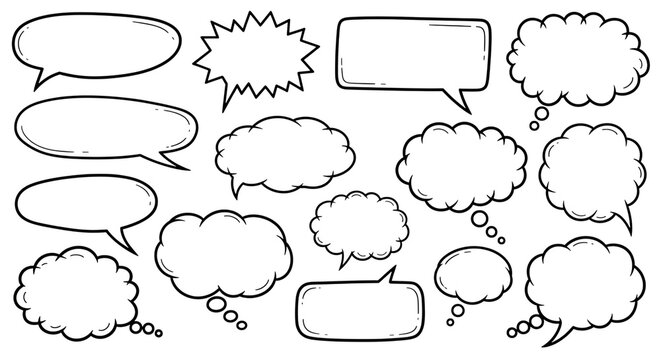 Black and white comic speech bubbles and thought balloons isolated on transparent background