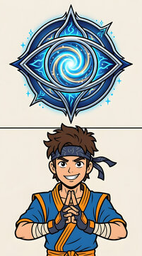 Cartoon character with a blue bandana, blue-orange jacket, and hands positioned in the Carn Seal Jutsu technique.1