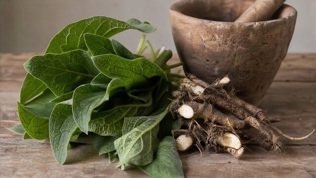 Fresh comfrey leaves and roots placed beside a rough clay mortar on wood.