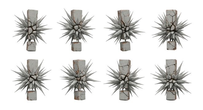 3d render of exploding concrete posts with spikes on a white background for concepts