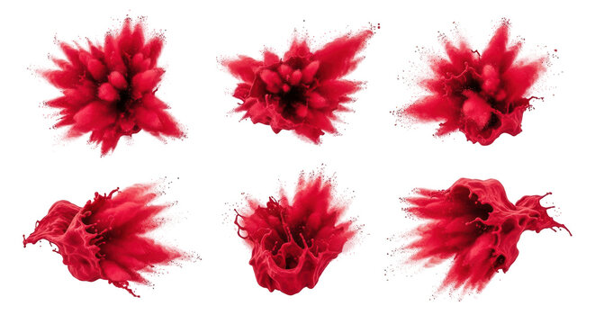 exploding red paint in different shapes and views against a pure white backdrop artistic design or visual media