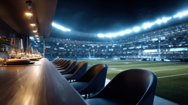 Premium seating overlooks a bright football field with an elegant setting for VIP guests enjoying sports hospitality during an evening event.