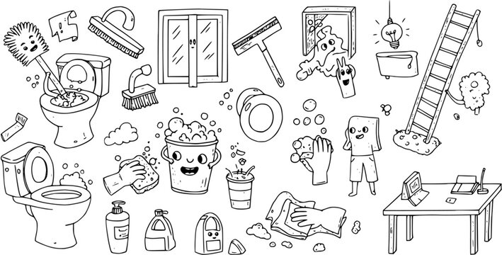 Cute Hand-Drawn Cleaning Supplies  Chores Doodle Set. Cartoon Collection of Household Tools, Products, and Activities Like Toilet, Window, and Floor Cleaning.