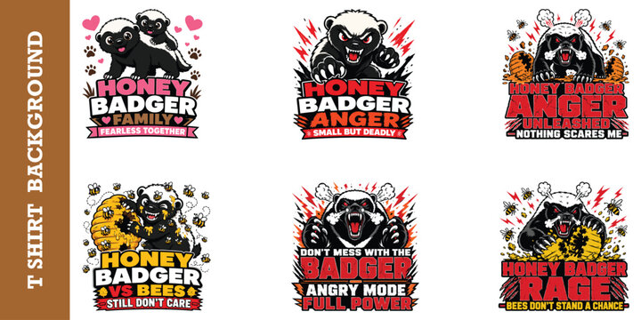 Collection of honey badger character designs displaying fierce and family oriented themes.