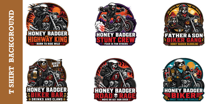 Array of honey badger biker illustrations showcasing various rugged and wild riding poses.