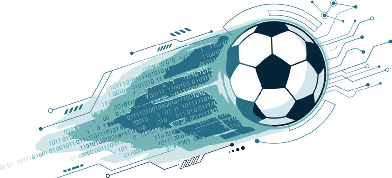 Futuristic soccer ball with digital data trails, high-tech football sports analytics vector, blue circuit board and binary code motion graphics