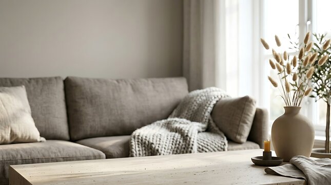 Neutral modern living room with pampas vase