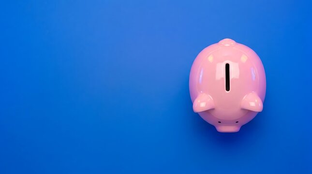 Pink piggy bank on blue background with copy space