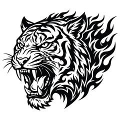 Obraz premium Fierce tiger head with a tribal flame pattern is illustrated in black and white, showcasing sharp teeth and an open mouth in an aggressive, stylized pose.