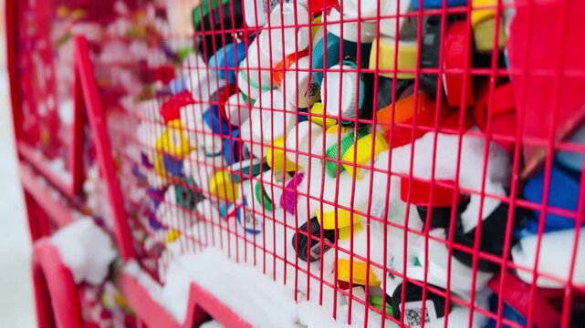 Close-up view of a red wire mesh basket containing a pile of assorted colorful plastic bottle caps. Shot from a slightly low angle with soft side lighting