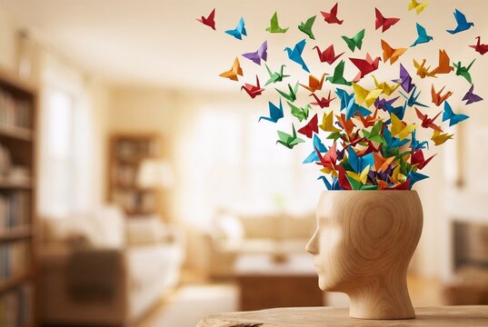Wooden human head profile sculpture with a dynamic swarm of colorful flying origami birds erupting upwards. Blurred warm background serves as functional copy space.