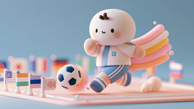 A cute character wearing sports clothes is running and playing with a soccer ball in a colorful stadium setting