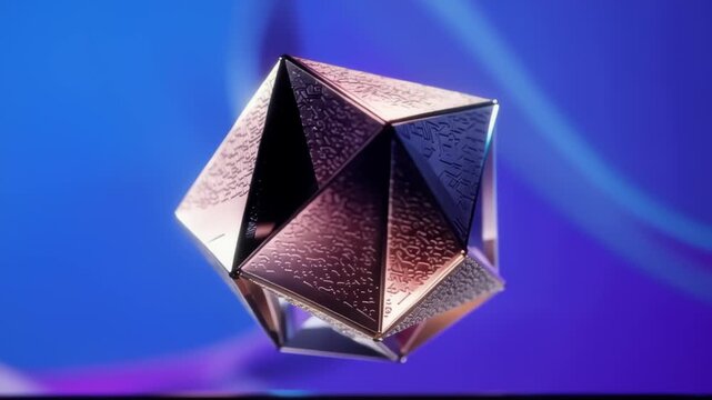 Abstract geometric polyhedron shape with metallic texture reflecting light against a vibrant blue and purple gradient