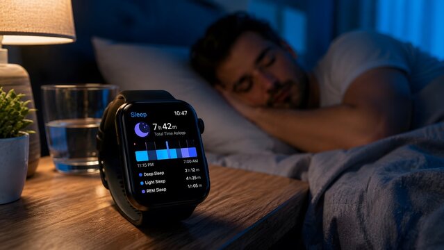 Smartwatch Tracking Sleep Cycle Next To Sleeping Man: A man sleeps soundly in bed while his smartwatch, placed on the nightstand, displays detailed sleep cycle data.