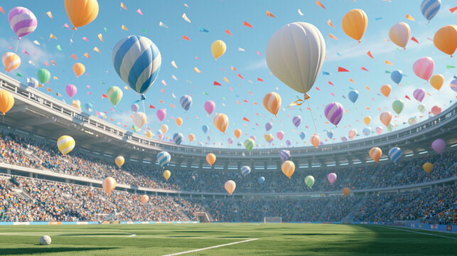 Many colorful balloons float above a crowded sports stadium filled with cheering fans during a sunny day celebration