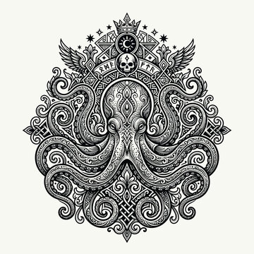 Ink drawing of an octopus head.