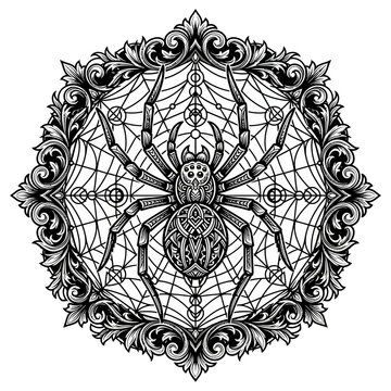 Detailed spider in web illustration.