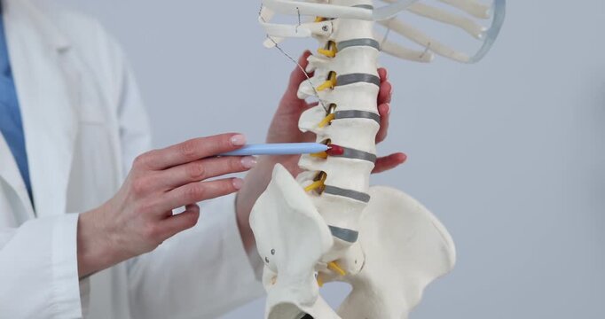Doctor demonstrating human spine model on light background, closeup