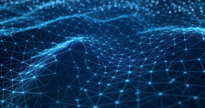 Abstract blue digital network with interconnected dots and lines forming a wavy, undulating surface, representing data and technology concepts.