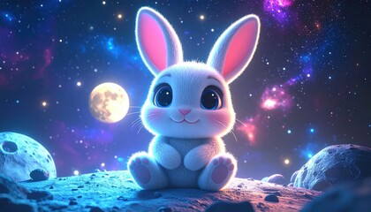 Fototapeta premium Whimsical white bunny sitting on moon under colorful nebula.