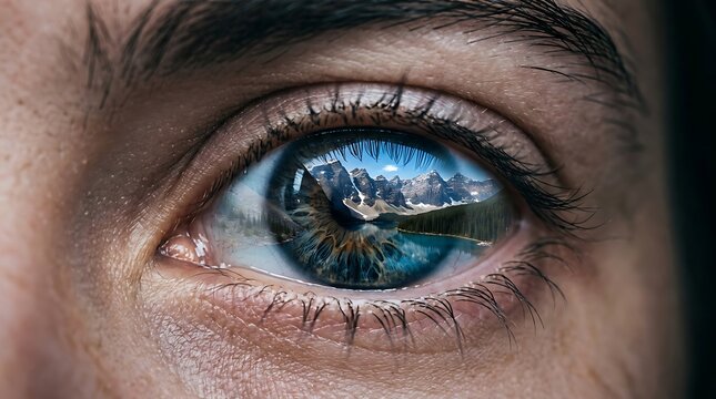 Close up of a human eye reflecting a mountain landscape