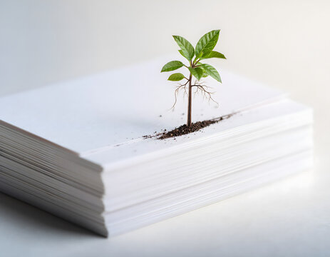 Macro photography of a green sapling growing through a stack of blank office paper, symbolizing sustainability. Highly effective for ESG corporate reports and eco-friendly business articles
