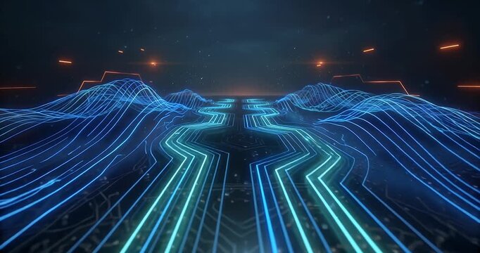 Futuristic digital landscape with glowing blue circuit lines forming a data pathway and undulating terrain, representing advanced technology and networks.