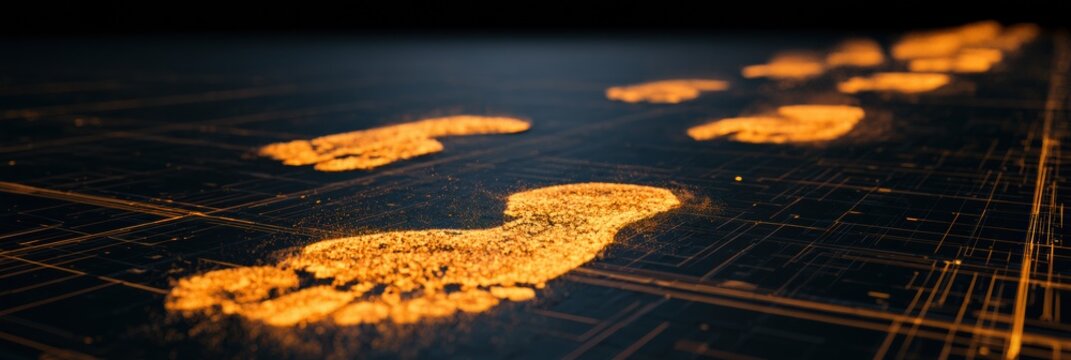 A sequence of warm gold footprints appears on a dark glass floor, illustrating the concept of accountability and traceability in a vivid manner.