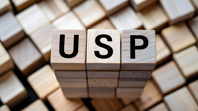 Usp unique selling proposition text displayed on wooden cubes stacked over a blurred background of many similar blocks representing marketing strategy